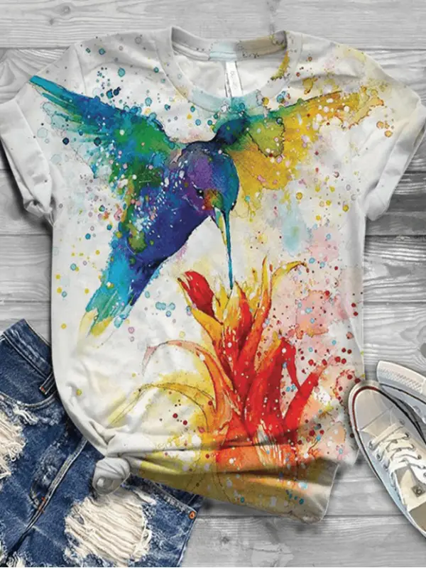 Casual print round neck top retro trendy T-shirt - Charmwish.chimpone.com 