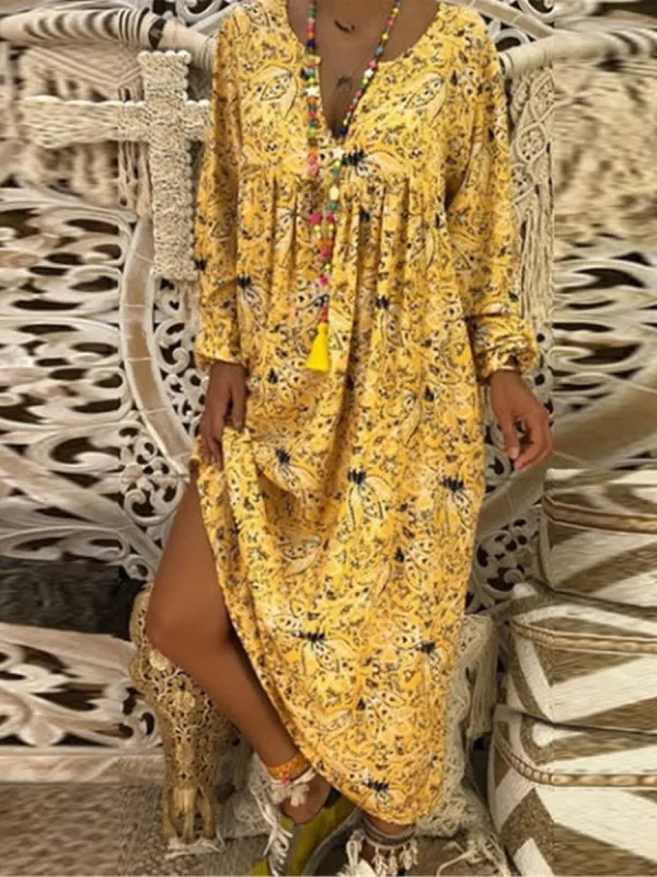 2019 V Collar Floral Printed Loose Vacation Dress - Charmwish.com 