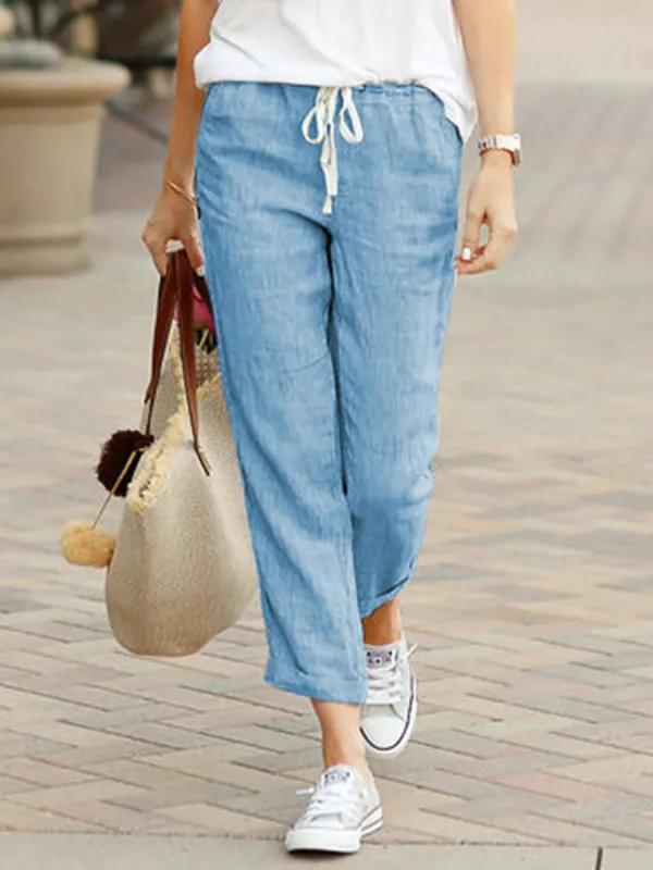 Spring And Autumn Solid Color Loose Casual Drawstring Elastic Waist Cotton And Linen Trousers - Charmwish.com 