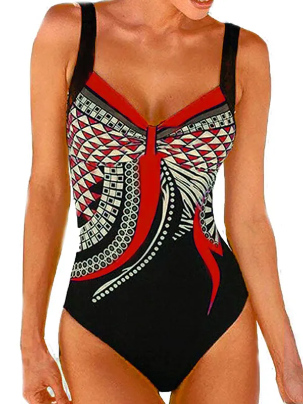 Sling Retro Print Ladies One-piece Sexy Backless Swimsuit - Charmwish.com 
