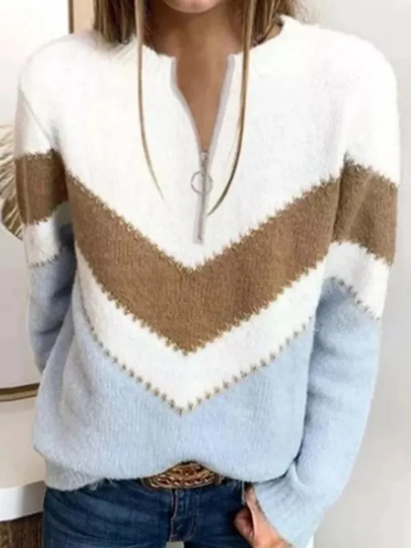 Fashion Zipper V-neck Color Block Sweater - Charmwish.com 