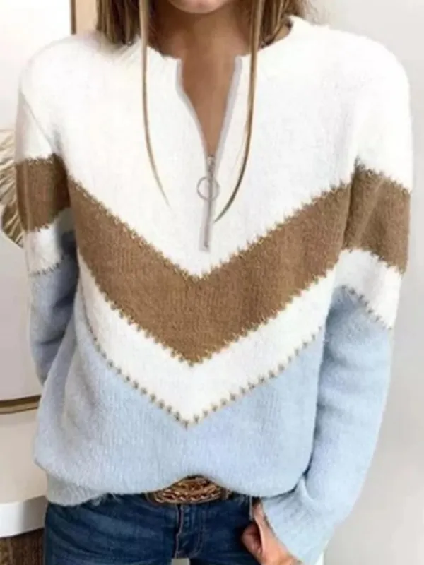 Fashion Zipper V-neck Color Block Sweater - Charmwish.chimpone.com 