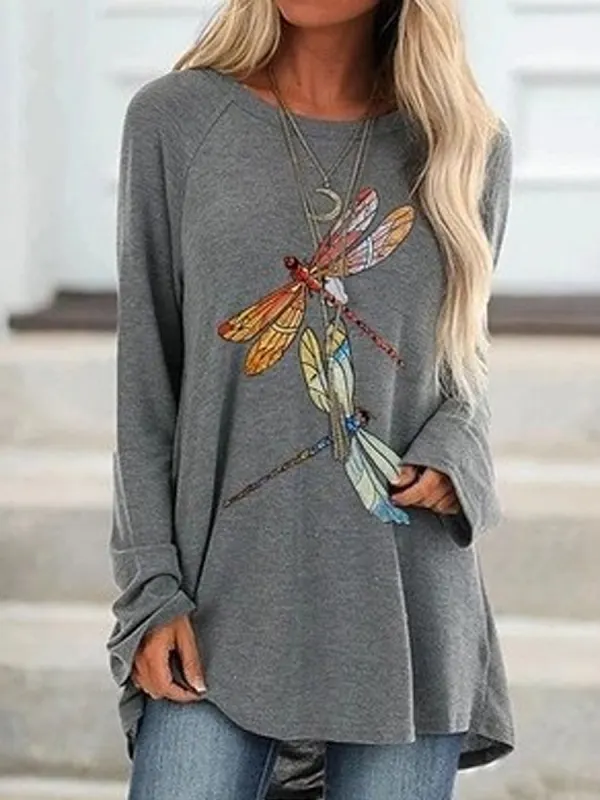 Loose Dragonfly Print Round Neck Long Sleeve T-shirt - Charmwish.com 