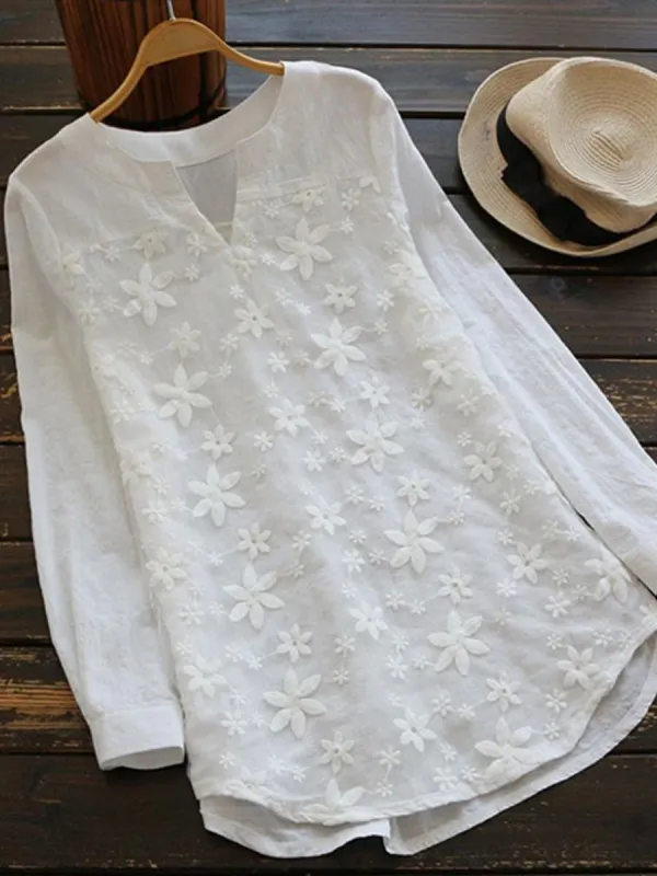 V Neck  Embroidered Patchwork  Embroidery Blouses - Charmwish.com 