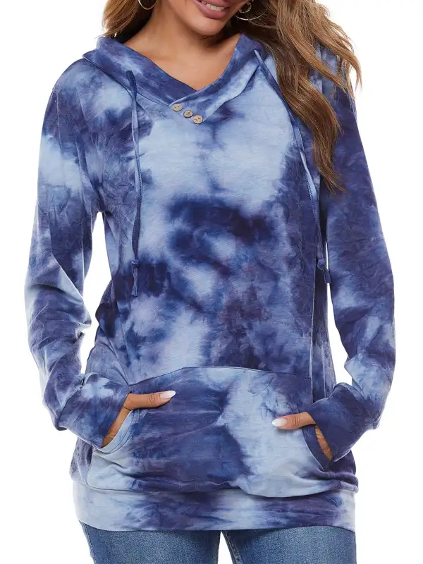Fashion - Tie-dye printed street chic blue hoodie cashmere sweater - Charmwish.chimpone.com 