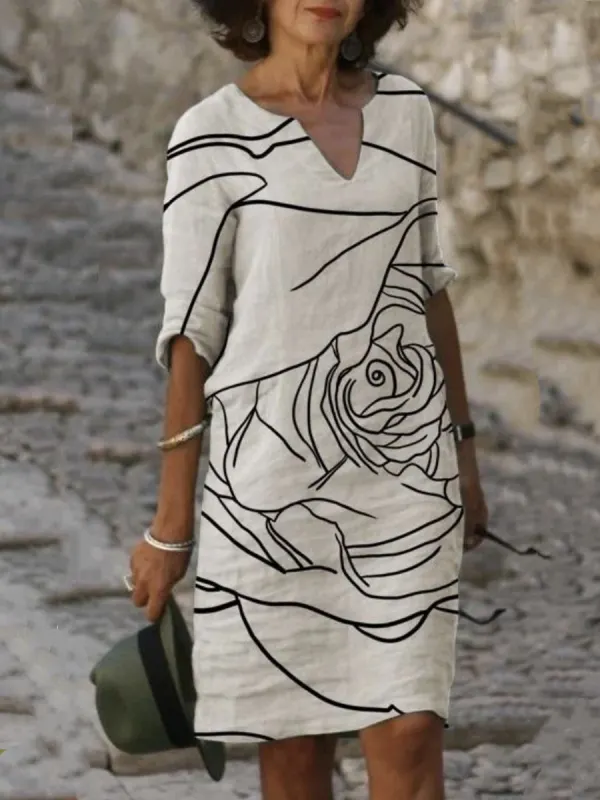 Fashion Rose Print V-neck Dress - Charmwish.com 