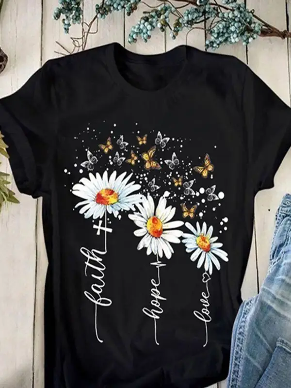 Round Neck Casual Creative Flower Print T-Shirt - Charmwish.com 