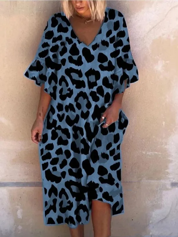 Leopard V-neck Print Midi Dress - Charmwish.com 