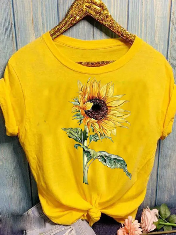 Sunflower Pattern Simple Short Sleeve T-Shirt - Charmwish.com 