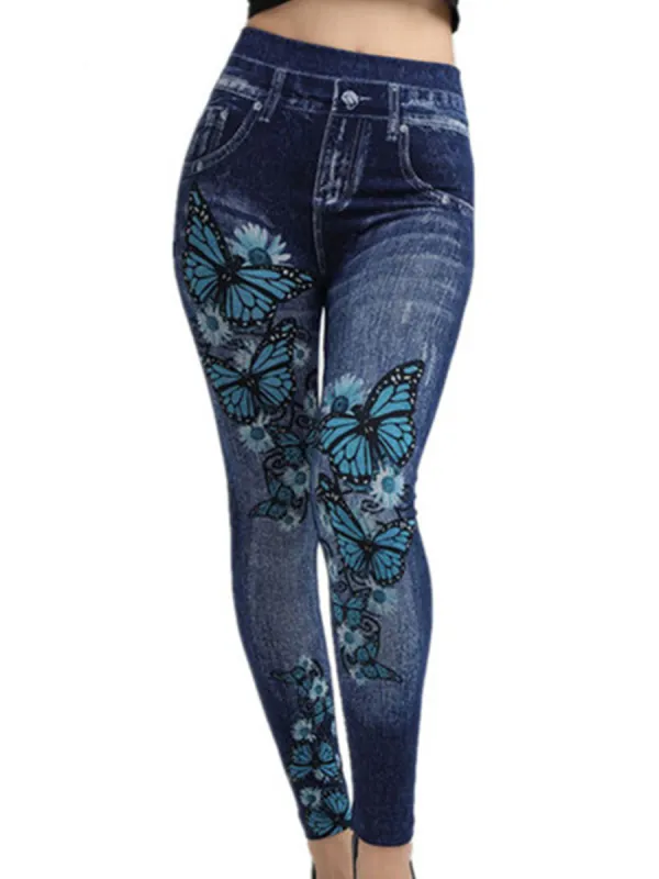 Summer thin butterfly pattern seamless imitation denim super stretch leggings - Charmwish.com 