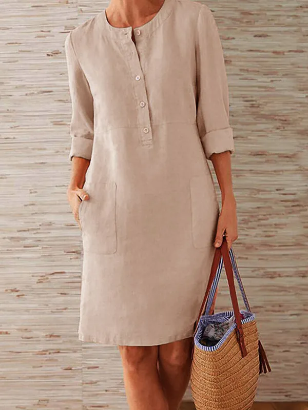 Round Neck Vintage Long Sleeve Cotton Linen Mini Dress - Charmwish.com 