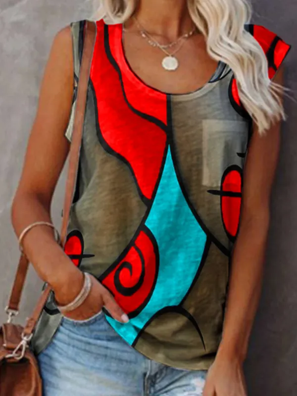 Casual Abstract Printed Colorblock Vest - Charmwish.com 