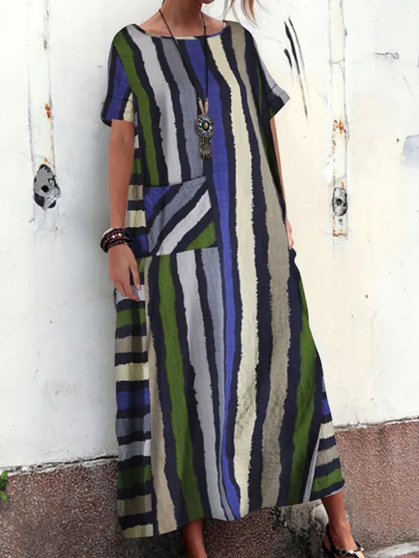 Fashion striped cotton and linen stitching pocket dress - Charmwish.com 
