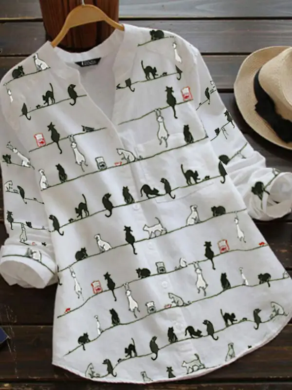 Cartoon Cat Print Casual Cotton And Linen Long Blouse - Charmwish.com 