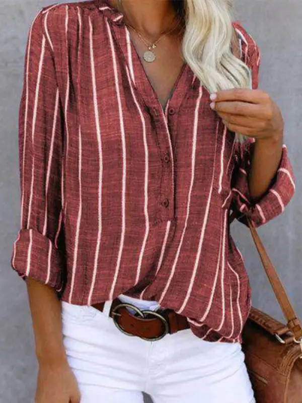 Cotton And Linen Striped Printed Long-sleeved Blouse - Charmwish.com 