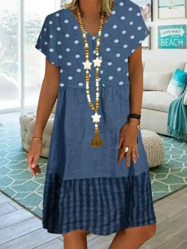 V Neck Polka Dot Splice Casual Dress - Charmwish.chimpone.com 