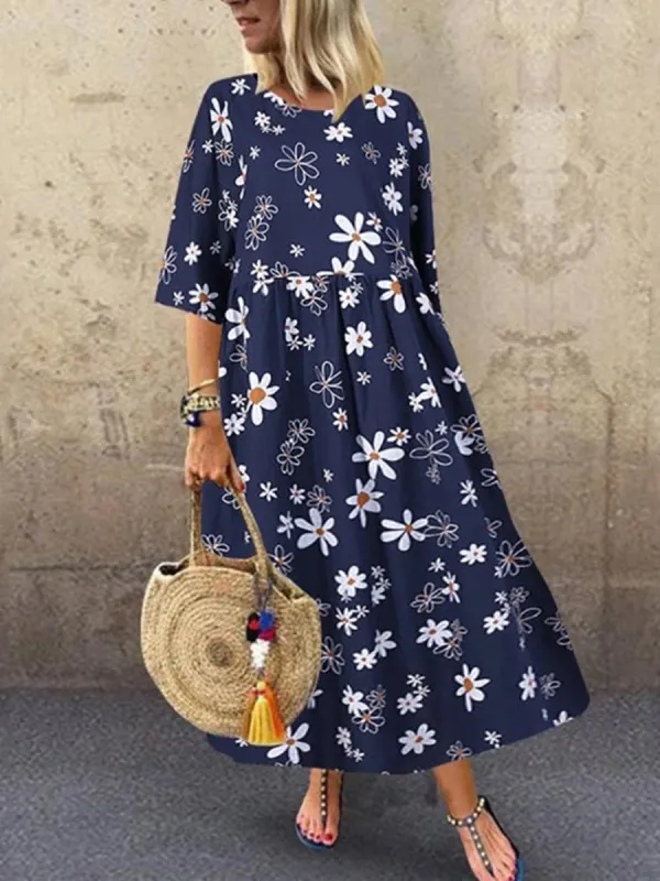 National Floral Print Three-quarter Sleeve Dress - Charmwish.com 