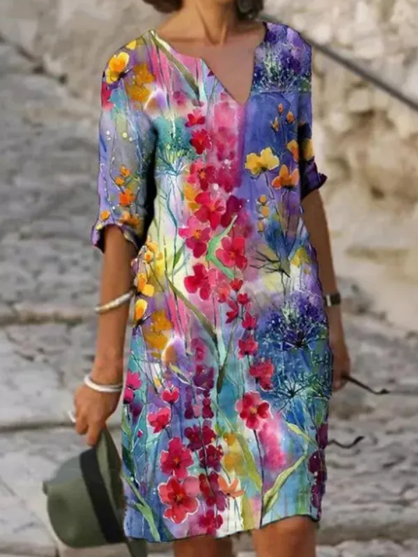 Fashion Floral Print V-neck Dress - Charmwish.com 