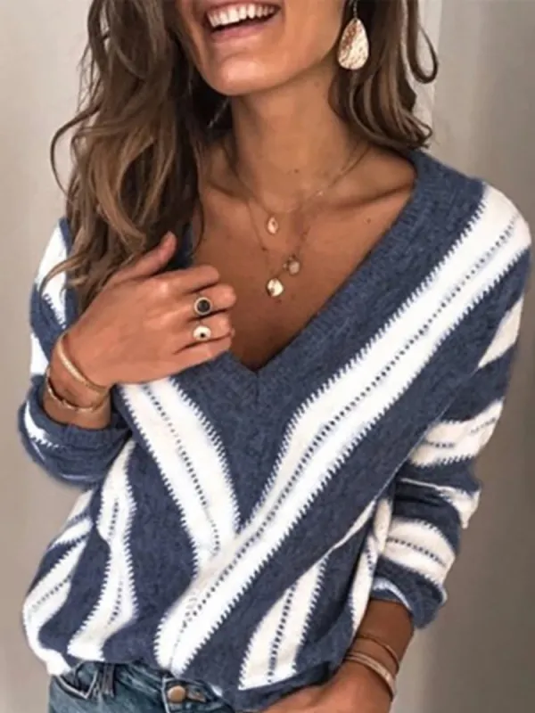 Women's Casual Deep V-Neck Long Sleeve Long Sleeve Loose Sweater - Charmwish.com 