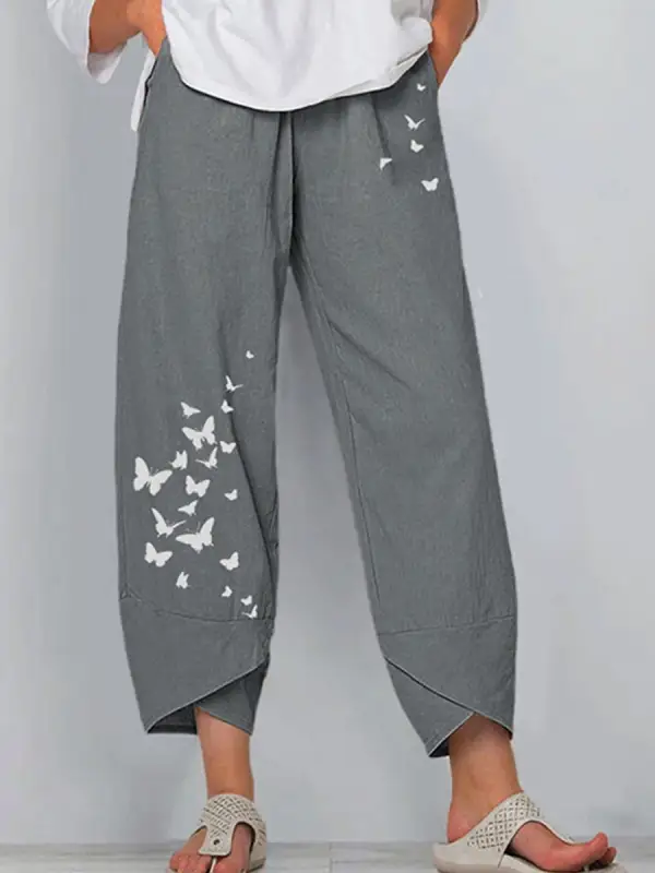 Casual Cotton And Linen Butterfly Print Wide-Leg Pants - Charmwish.com 