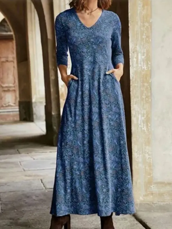 V-neck cotton print pocket long dress - Charmwish.com 