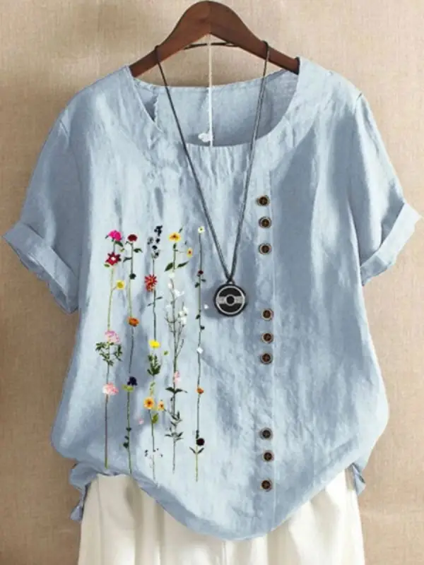 Retro Cotton And Linen Printed Short-Sleeved Blouse - Charmwish.com 