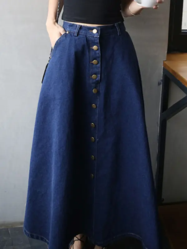 Classical Decorative Button  Plain  Flared Maxi Skirt - Charmwish.com 