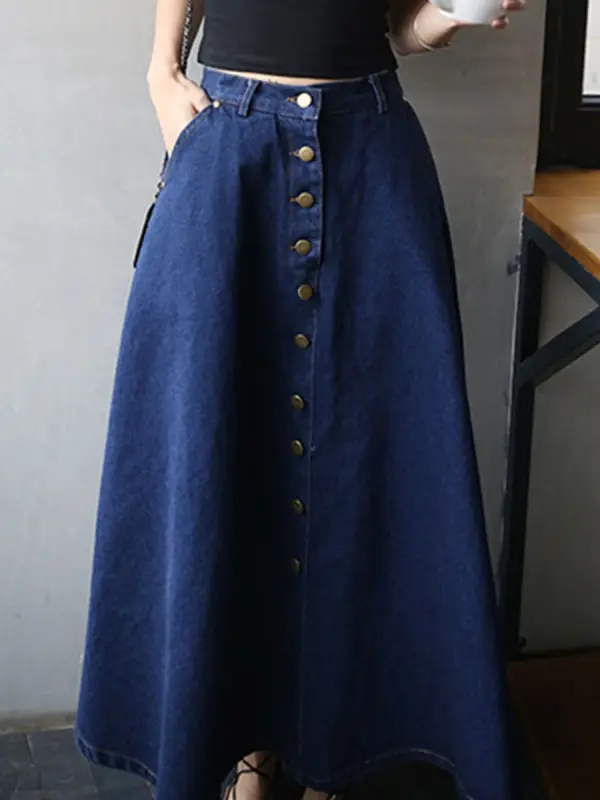 Classical Decorative Button  Plain  Flared Maxi Skirt - Charmwish.chimpone.com 