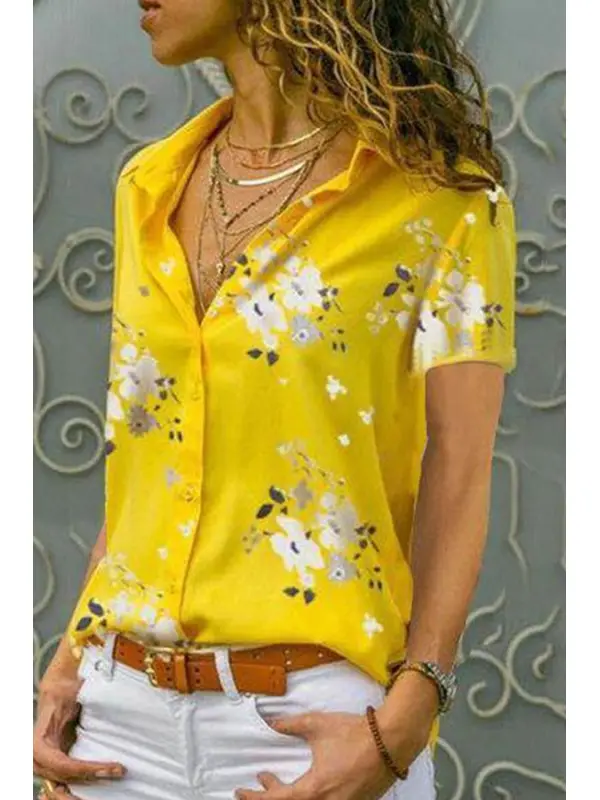 Turn Down Collar  Printed  Blouses - Charmwish.com 