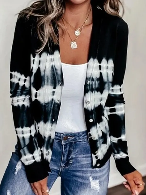 Casual Tie-dye Printed Knitted Cardigan - Charmwish.com 