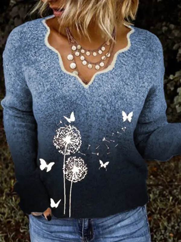 Fashion Printed Long-Sleeved V-Neck Sweater - Charmwish.com 