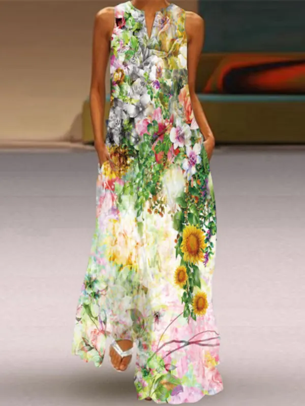 Ladies V-neck Floral Print Maxi Dress - Charmwish.com 