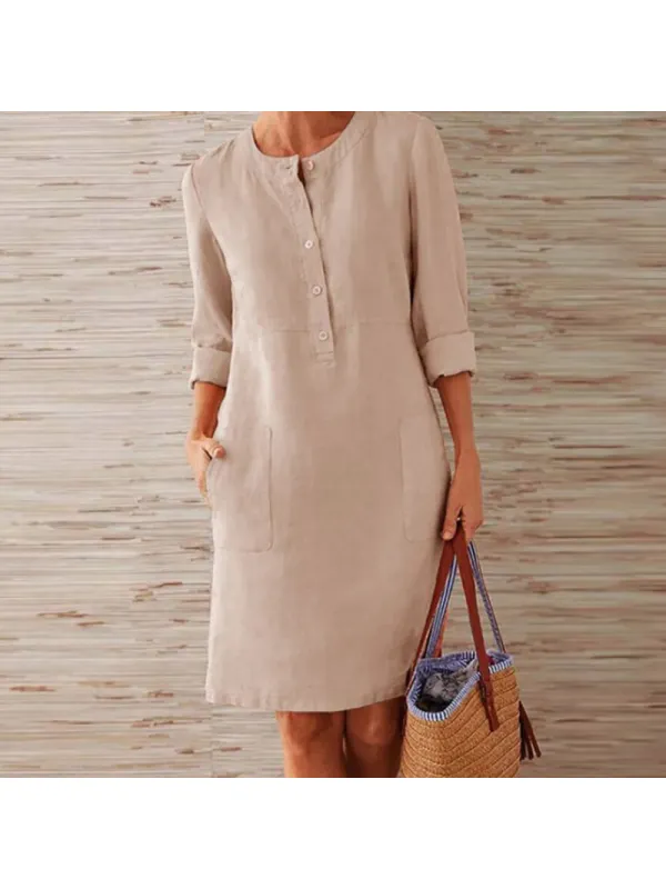 Solid Color Round Neck Long Sleeve Mini Dress - Charmwish.com 