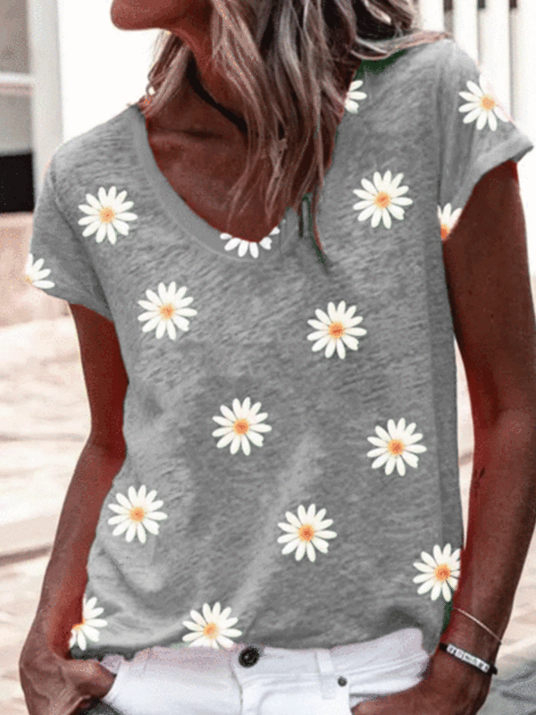 V-neck Daisy Print Short-sleeved T-shirt - Charmwish.com 