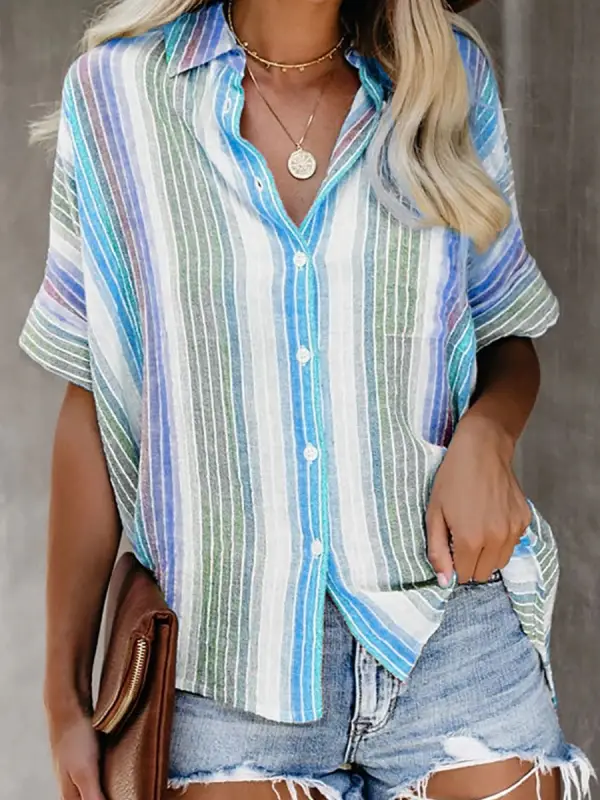 Striped Cotton And Linen Short-sleeved Blouse - Charmwish.com 