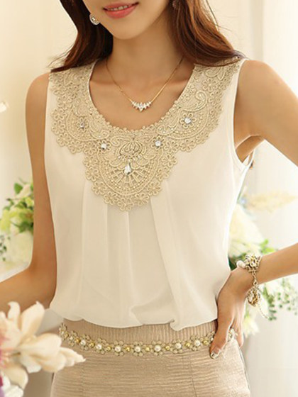 Round Neck  Diamante  Lace Blouses