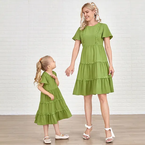 Sweet Green Lace Round Neck Short Sleeves Mom Girl Matching Dress - Lukalula.com 