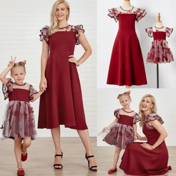 Sweet Red Butterfly Embroidered Mom Girl Matching Dress Only $41.44 - Lukalula.com 