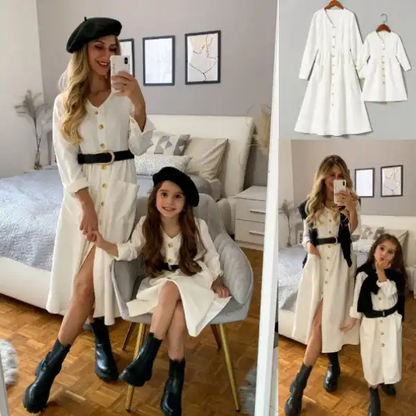 Sweet White Long Sleeve Mom Girl Matching Dress - Lukalula.com 