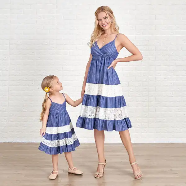 Sweet Blue Stripes Stitching Lace Mom Girl Matching Dress - Lukalula.com 
