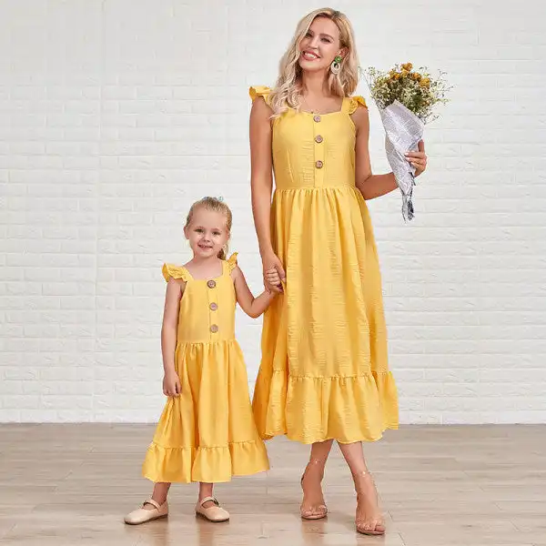 Sweet Yellow Ruffled Mom Girl Matching Dress - Lukalula.com 