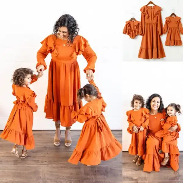 Sweet Brown Ruffled Long Sleeve Mom Girl Matching Dress And Romper - Lukalula.com 