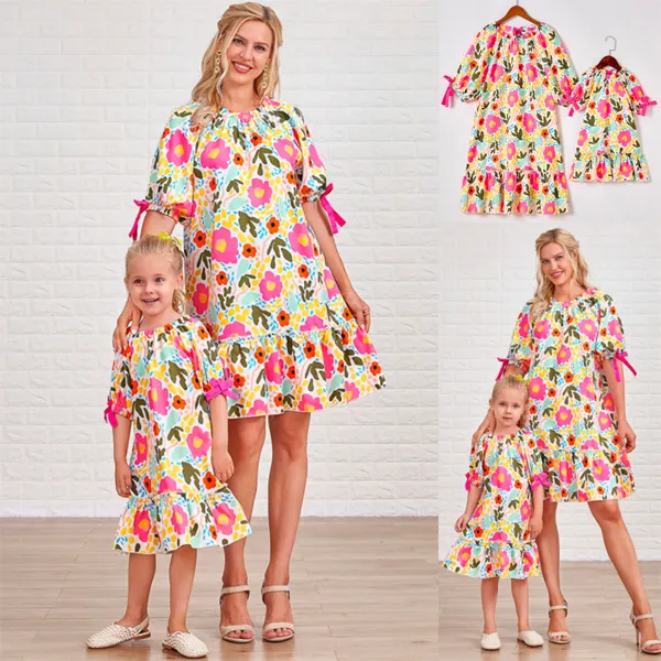 Sweet Flower Short Sleeve Mom Girl Matching Dress - Lukalula.com 