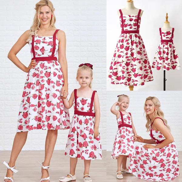 Sweet Rose Red Flower Mom Girl Matching Dress - Lukalula.com 