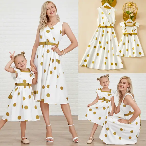 Sweet Khaki Polka Dot Print Mom Girl Matching Dress - Lukalula.com 