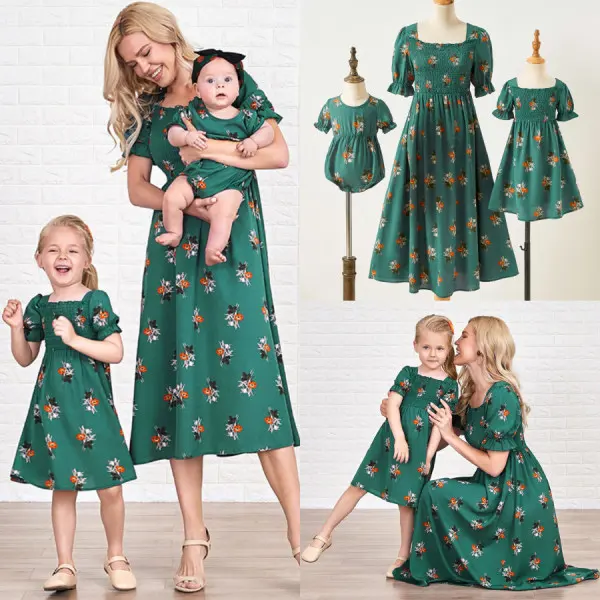 Sweet Flower Green Mom Girl Matching Dress And Romper - 1304 - Lukalula.com 