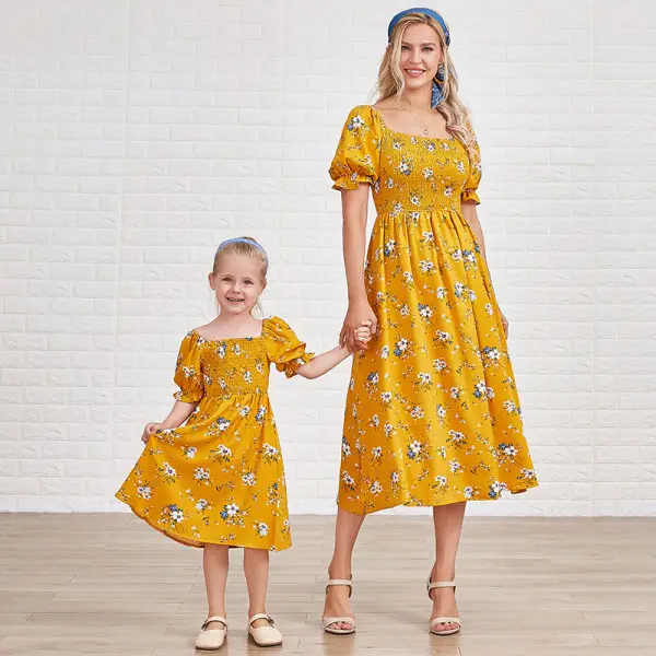Sweet Flower Print Square Neck Puff Sleeve Yellow Mom Girl Matching Dress - Lukalula.com 
