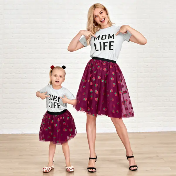 Sweet Letter Print Short Sleeve T-shirt And Mesh Short Skirt Mom Girl Matching Set - Lukalula.com 