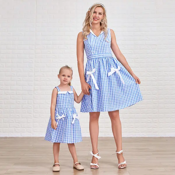 Sweet Blue Plaid Bowknot Mom And Girl Matching Dress - Lukalula.com 