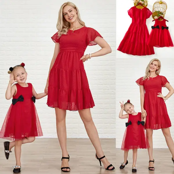 Sweet Red Chiffon Jacquard Short Sleeve Mom Girl Matching Dress - Lukalula.com 